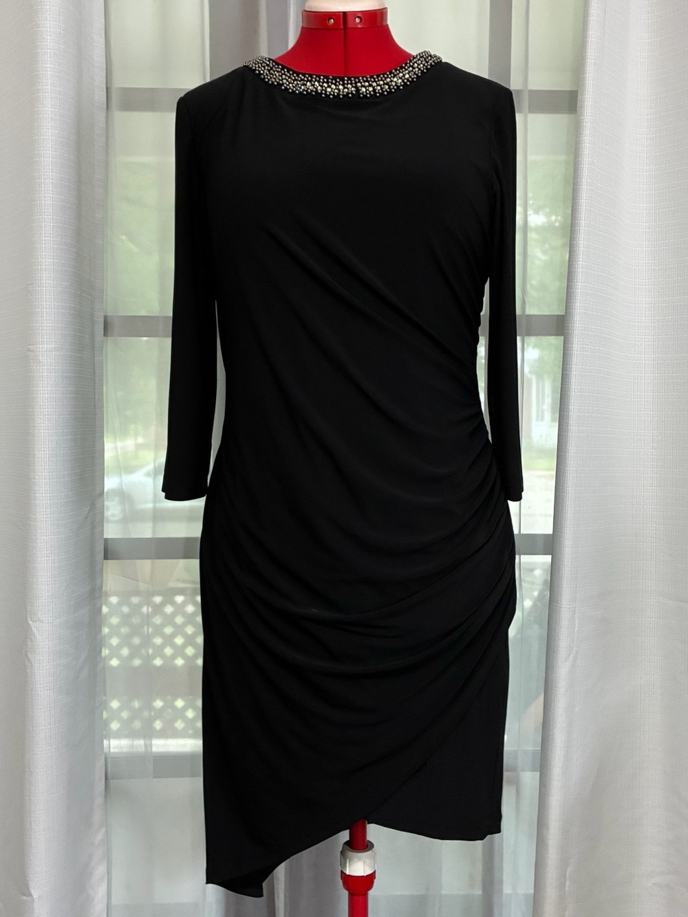 Leslie Fay Black Midi Dress with Jeweled Collar